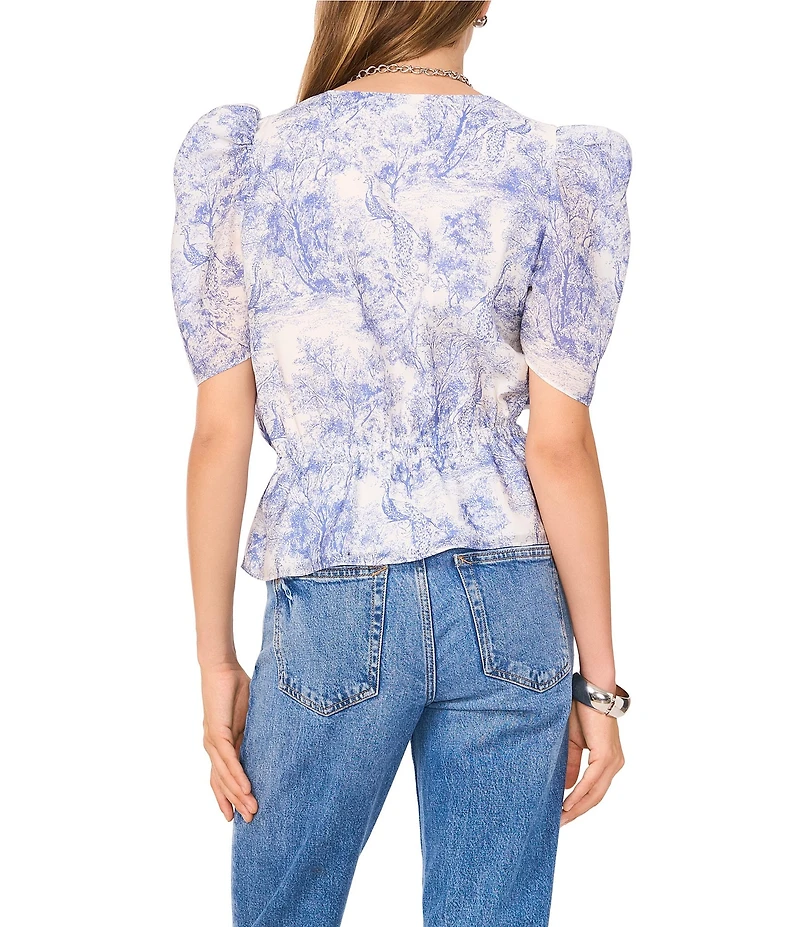 1. STATE Woven Toile Print V-Neck Short Sleeve Cinch Waist Peplum Blouse