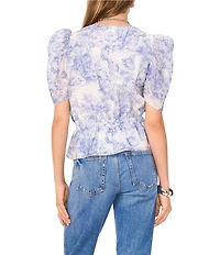1. STATE Woven Toile Print V-Neck Short Sleeve Cinch Waist Peplum Blouse