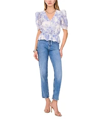1. STATE Woven Toile Print V-Neck Short Sleeve Cinch Waist Peplum Blouse