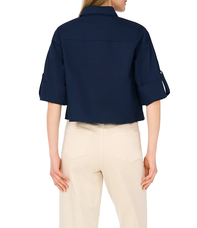1. STATE Woven V-Neck Short Sleeve Button Down Blouse