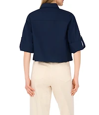 1. STATE Woven V-Neck Short Sleeve Button Down Blouse