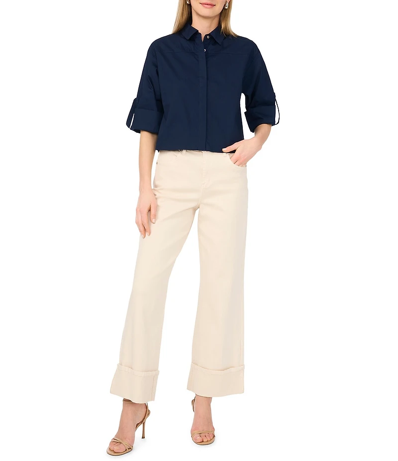 1. STATE Woven V-Neck Short Sleeve Button Down Blouse