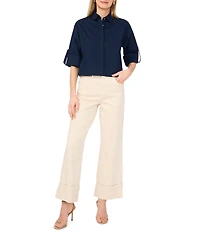 1. STATE Woven V-Neck Short Sleeve Button Down Blouse