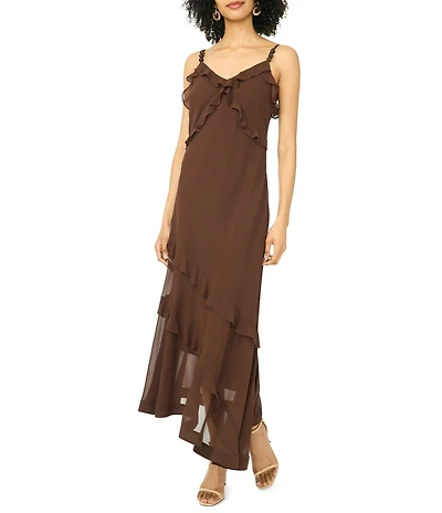 1. STATE Woven V-Neck Sleeveless Asymmetrical Maxi A-Line Dress