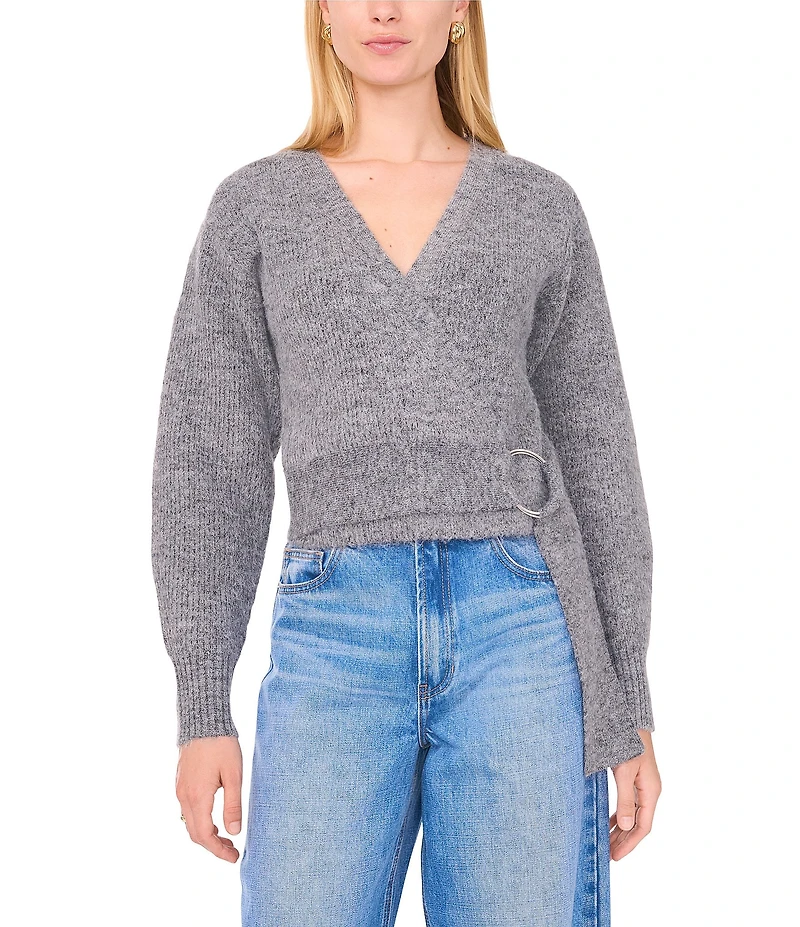 1. STATE Knit V-Neck Long Sleeve Surplice Wrap Belt Sweater