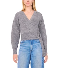 1. STATE Knit V-Neck Long Sleeve Surplice Wrap Belt Sweater