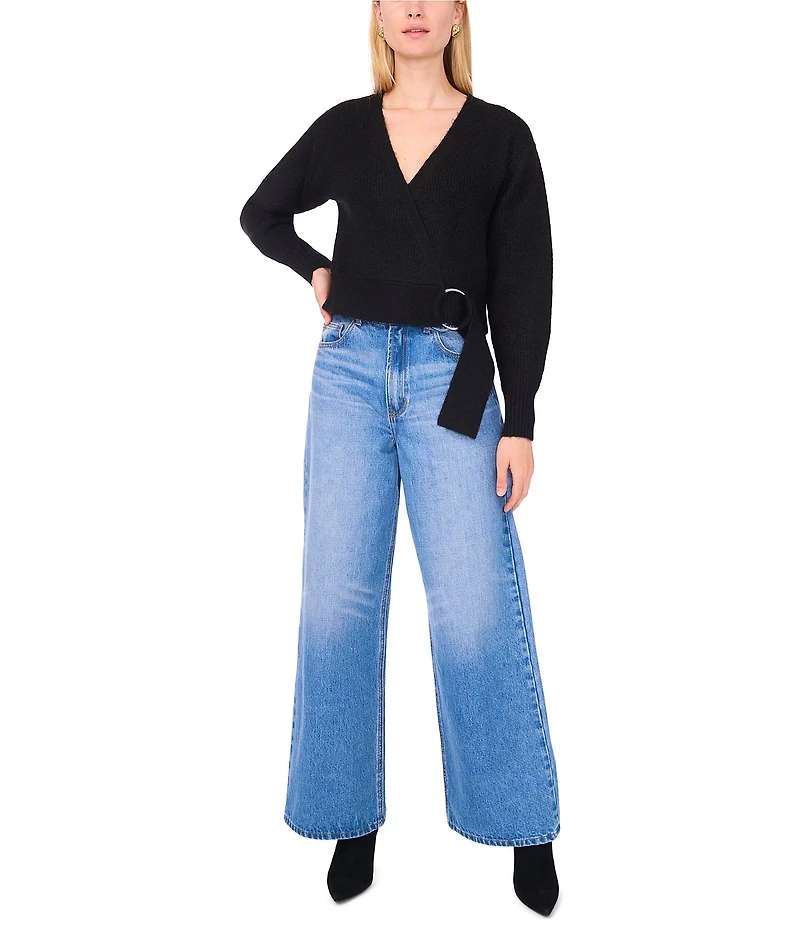 1. STATE Knit V-Neck Long Sleeve Surplice Wrap Belt Sweater