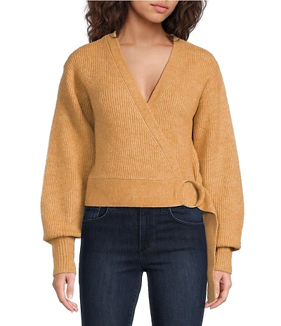 1. STATE Knit V-Neck Long Sleeve Surplice Wrap Belt Sweater
