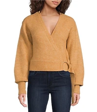 1. STATE Knit V-Neck Long Sleeve Surplice Wrap Belt Sweater