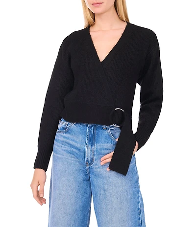 1. STATE Knit V-Neck Long Sleeve Surplice Wrap Belt Sweater