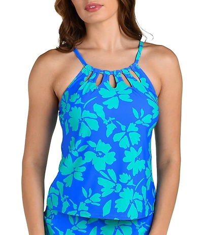 24th & Ocean Barcelona Floral Cut-Out High Neck Underwire Tankini Swim Top