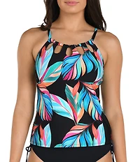 24th & Ocean Moonlit Leaf High Neck Cut-Out Underwire Tankini Swim Top