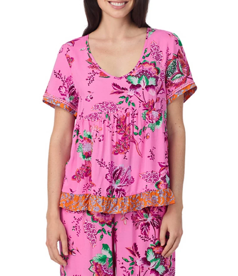 40 Winks Bohemian Floral Print Short Sleeve V-Neck Coordinating Babydoll Sleep Top