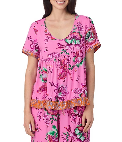 40 Winks Bohemian Floral Print Short Sleeve V-Neck Coordinating Babydoll Sleep Top