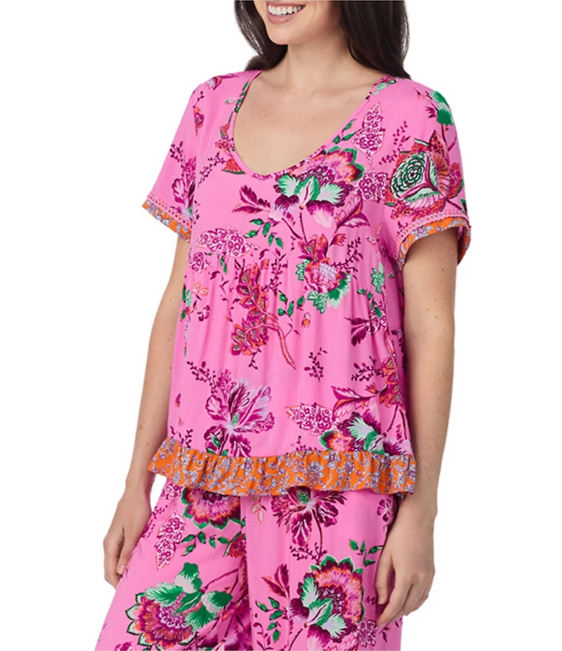 40 Winks Bohemian Floral Print Short Sleeve V-Neck Coordinating Babydoll Sleep Top