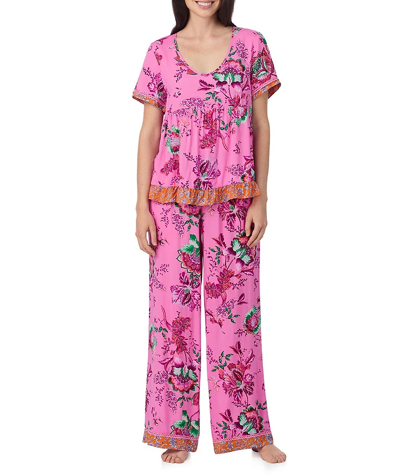 40 Winks Bohemian Floral Print Short Sleeve V-Neck Coordinating Babydoll Sleep Top