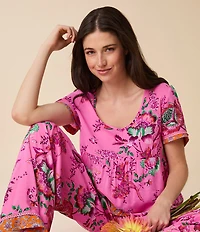 40 Winks Bohemian Floral Print Short Sleeve V-Neck Coordinating Babydoll Sleep Top