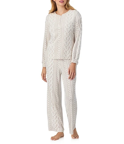 40 Winks Cable Knit Print Long Sleeve Henley Stretch Velour Long Pajama Set