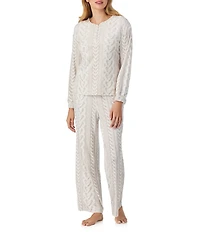 40 Winks Cable Knit Print Long Sleeve Henley Stretch Velour Long Pajama Set