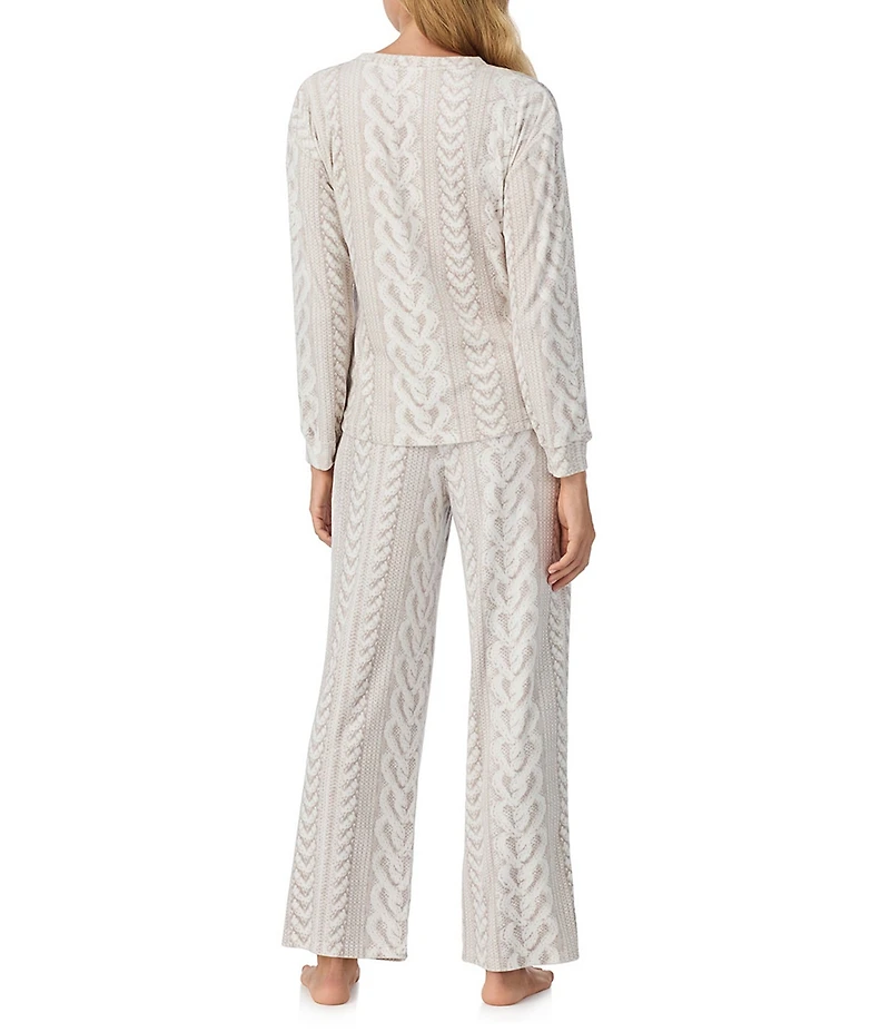 40 Winks Cable Knit Print Long Sleeve Henley Stretch Velour Long Pajama Set