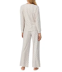 40 Winks Cable Knit Print Long Sleeve Henley Stretch Velour Long Pajama Set