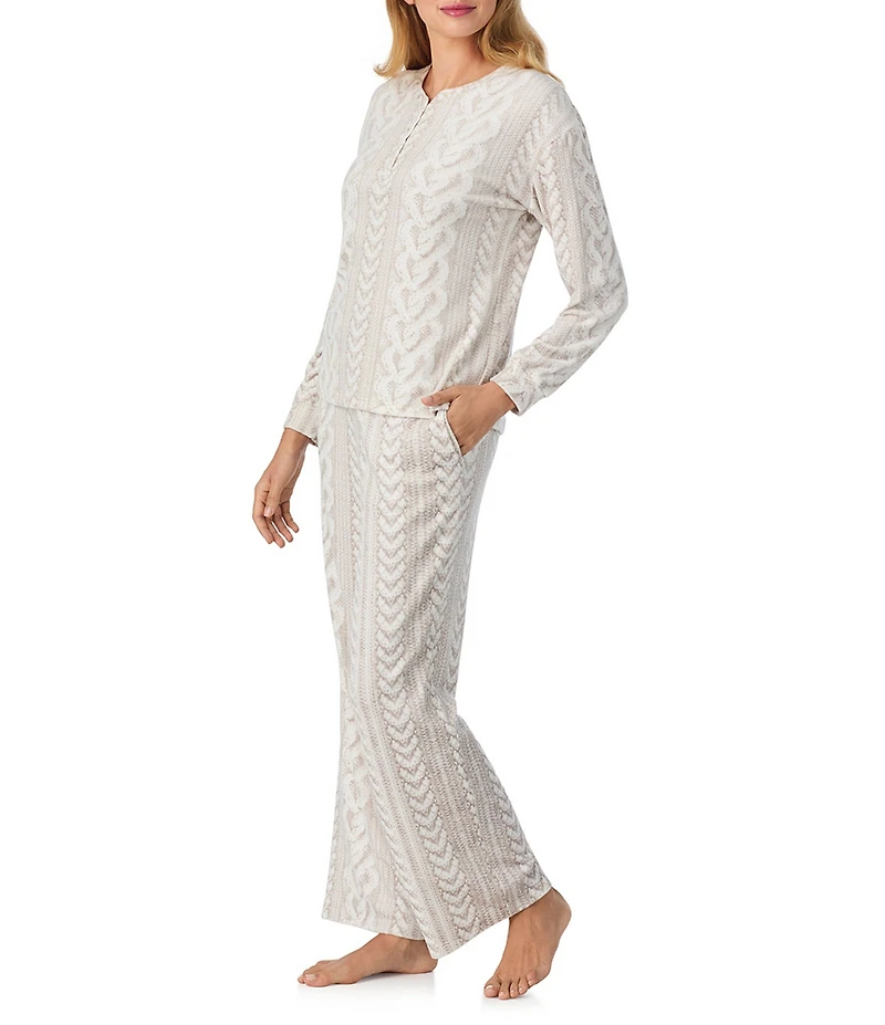 40 Winks Cable Knit Print Long Sleeve Henley Stretch Velour Long Pajama Set