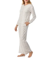 40 Winks Cable Knit Print Long Sleeve Henley Stretch Velour Long Pajama Set