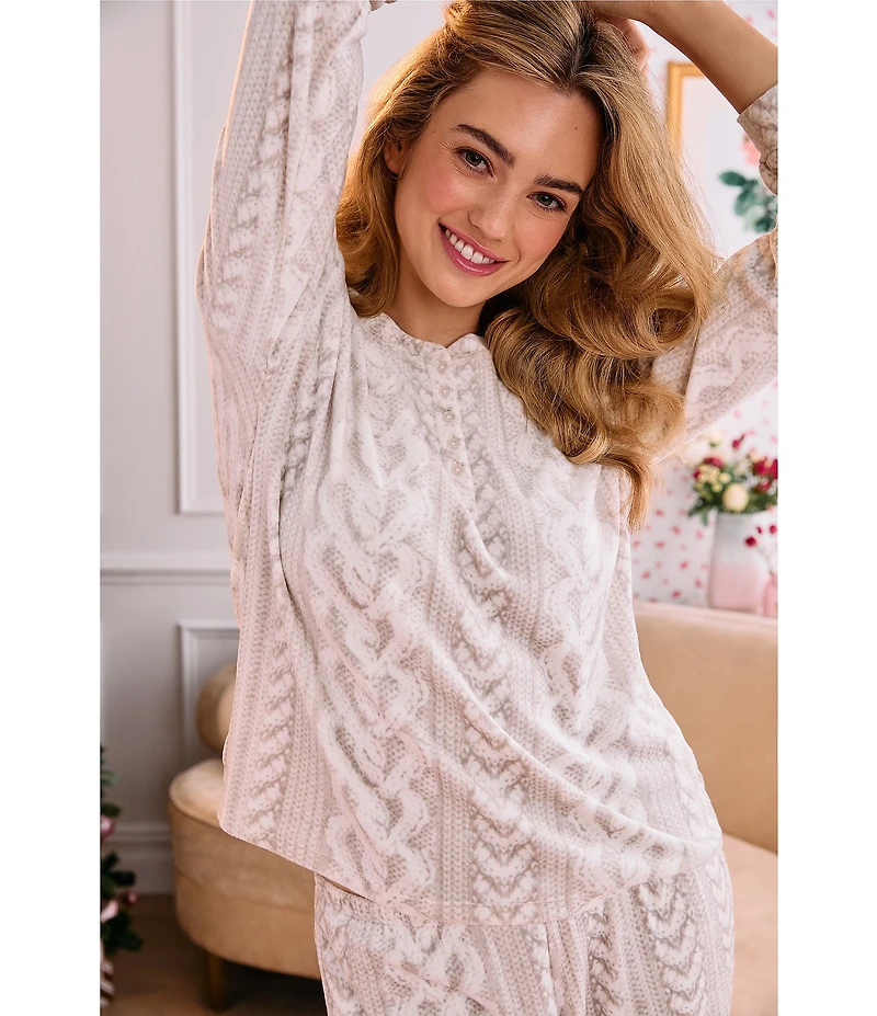 40 Winks Cable Knit Print Long Sleeve Henley Stretch Velour Long Pajama Set