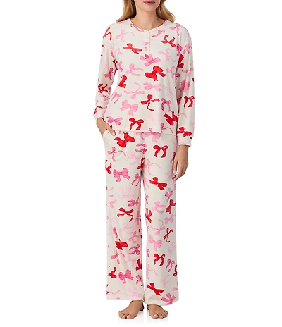 40 Winks Darling Bows Print Long Sleeve Henley Stretch Velour Long Pajama Set