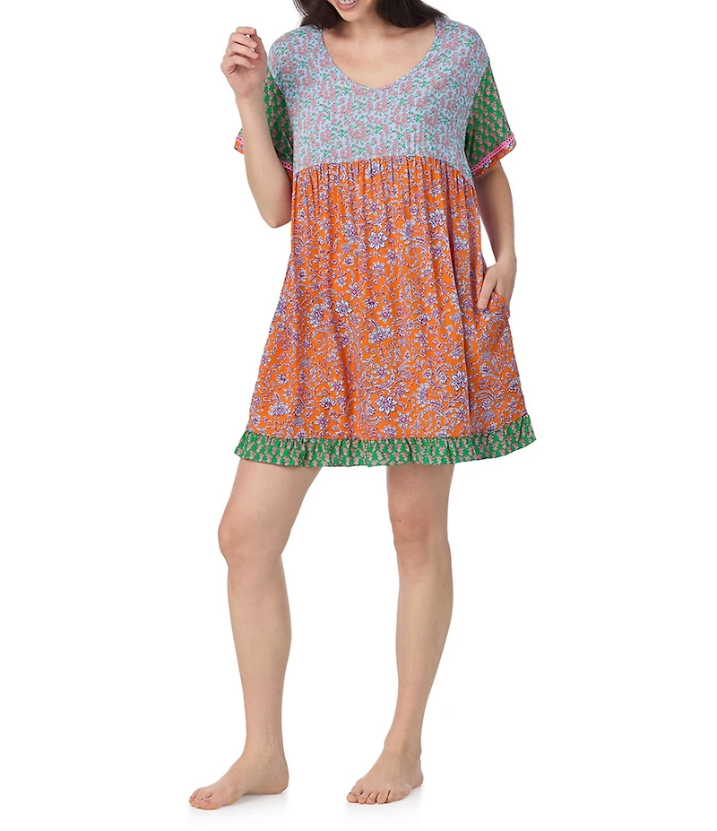 40 Winks Floral Print Short Sleeve V-Neck Woven Sleepshirt