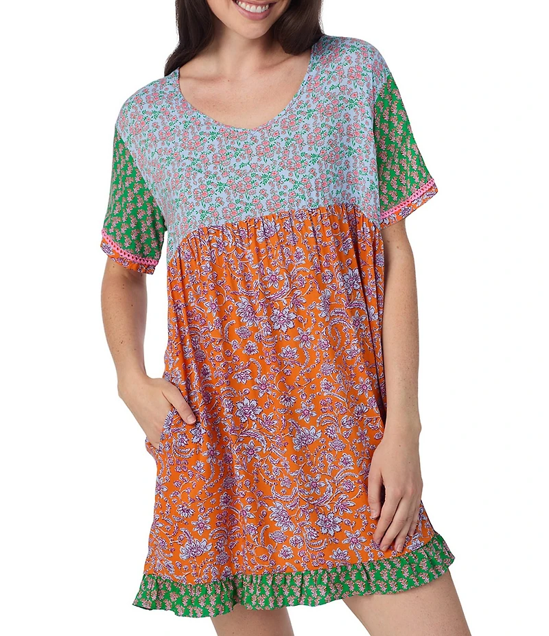 40 Winks Floral Print Short Sleeve V-Neck Woven Sleepshirt