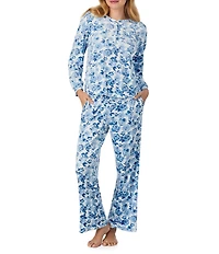 40 Winks Frosted Blooms Floral Print Long Sleeve Henley Stretch Velour Long Pajama Set