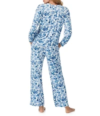 40 Winks Frosted Blooms Floral Print Long Sleeve Henley Stretch Velour Long Pajama Set