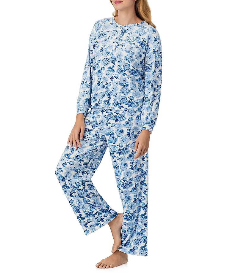 40 Winks Frosted Blooms Floral Print Long Sleeve Henley Stretch Velour Long Pajama Set