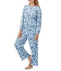 40 Winks Frosted Blooms Floral Print Long Sleeve Henley Stretch Velour Long Pajama Set