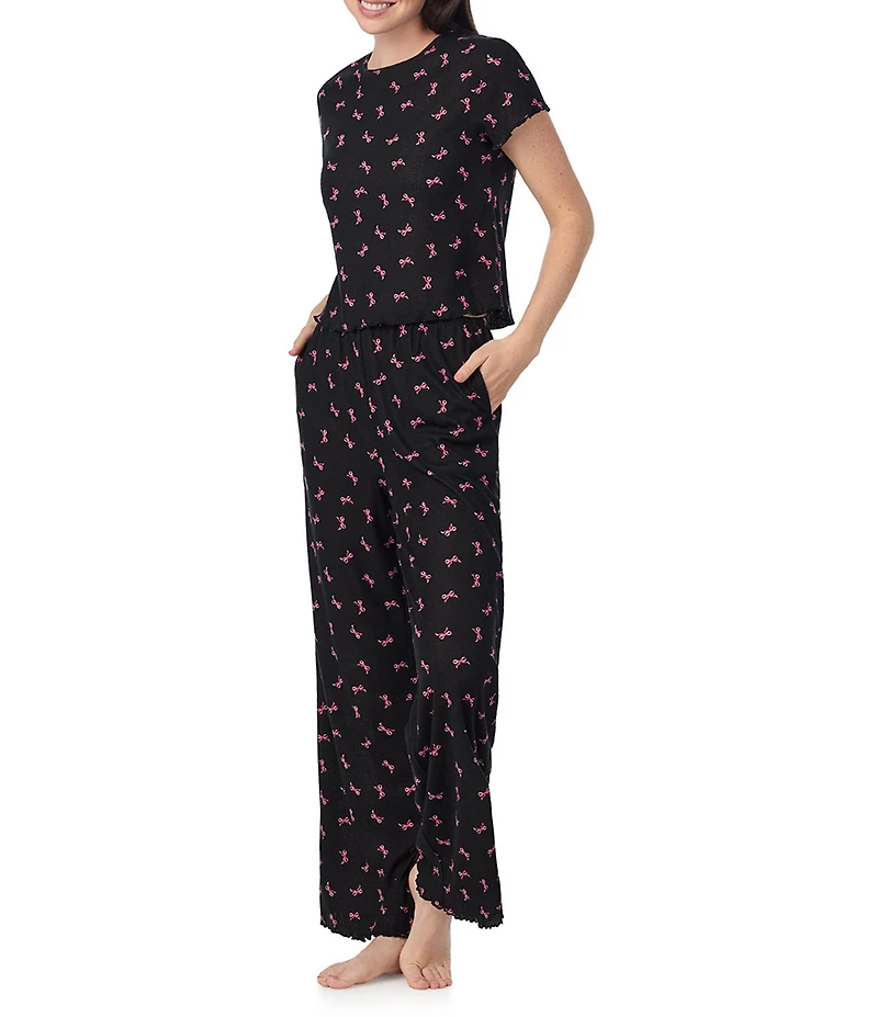 40 Winks Short Sleeve Tee & Long Pant Jersey Knit Pointelle Ditsy Bow Print Pajama Set