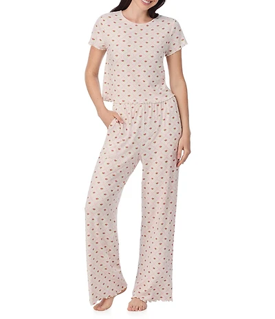 40 Winks Short Sleeve Tee & Long Pant Jersey Knit Pointelle Ditsy Rose Print Pajama Set