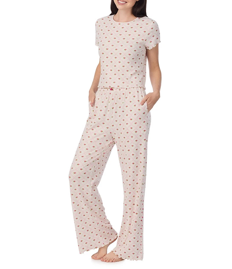 40 Winks Short Sleeve Tee & Long Pant Jersey Knit Pointelle Ditsy Rose Print Pajama Set