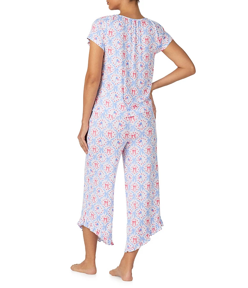 40WINKS Americana Bows Print Cap Sleeve Round Neck Jersey Knit Cropped Pajama Set