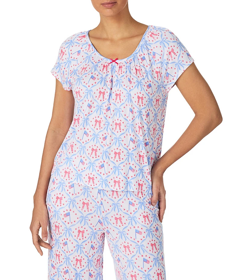 40WINKS Americana Bows Print Cap Sleeve Round Neck Jersey Knit Cropped Pajama Set