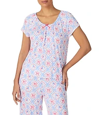 40WINKS Americana Bows Print Cap Sleeve Round Neck Jersey Knit Cropped Pajama Set