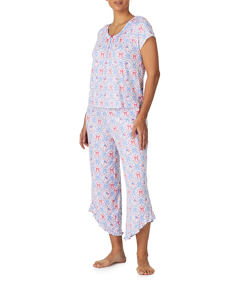 40WINKS Americana Bows Print Cap Sleeve Round Neck Jersey Knit Cropped Pajama Set