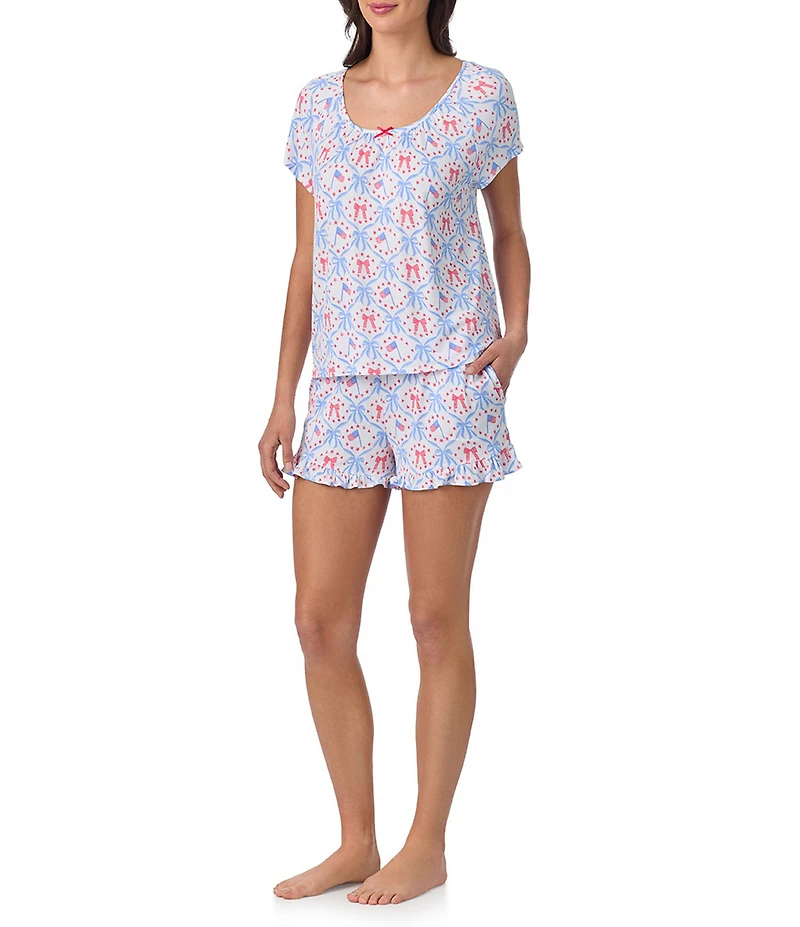 40WINKS Americana Bows Print Short Sleeve Round Neck Jersey Knit Shorty Pajama Set