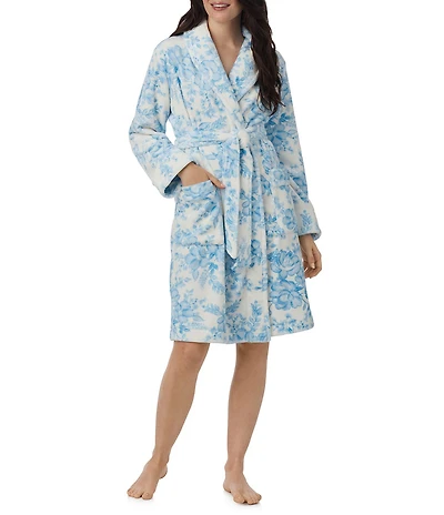 40WINKS Blue Floral Print Long Sleeve Shawl Collar Short Robe