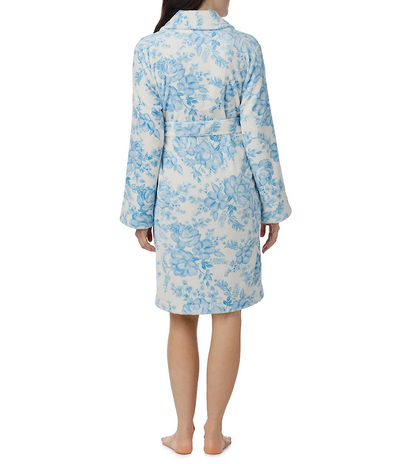 40WINKS Blue Floral Print Long Sleeve Shawl Collar Short Robe