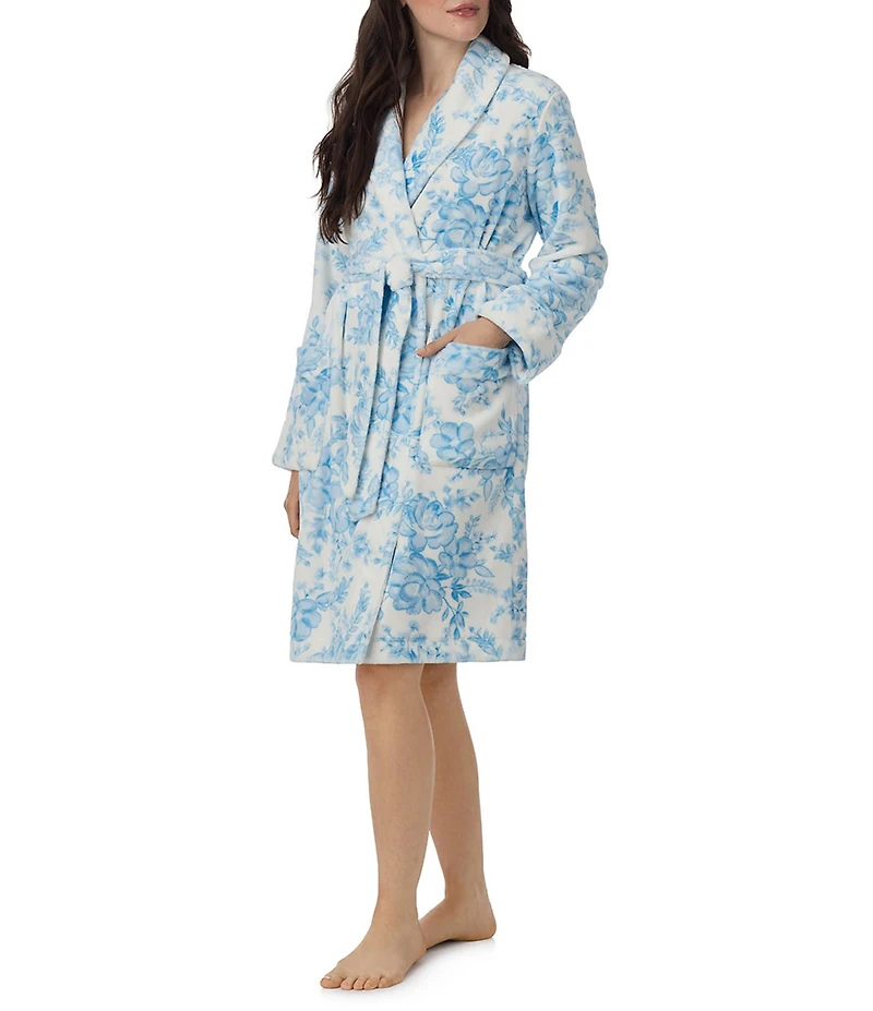 40WINKS Blue Floral Print Long Sleeve Shawl Collar Short Robe