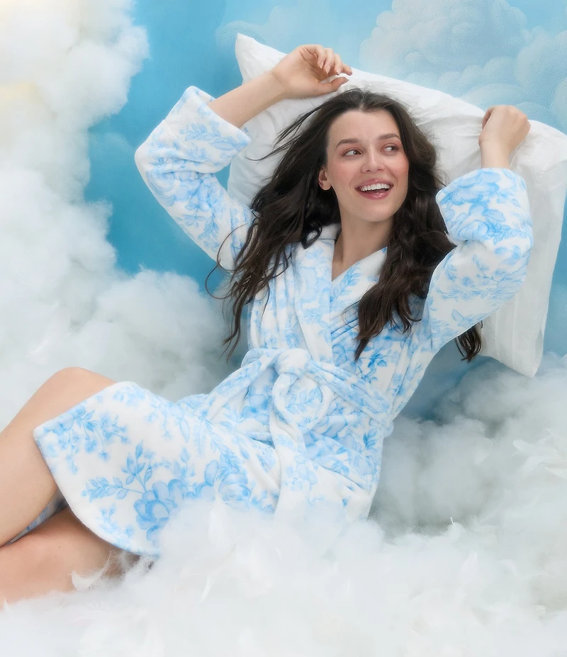 40WINKS Blue Floral Print Long Sleeve Shawl Collar Short Robe