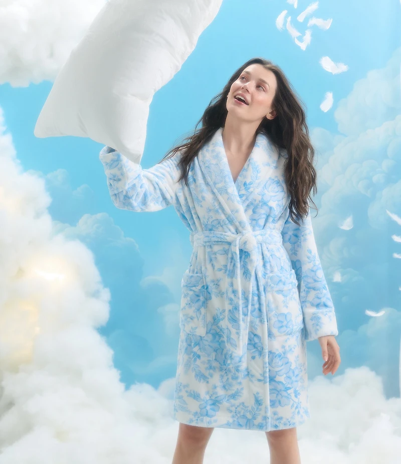 40WINKS Blue Floral Print Long Sleeve Shawl Collar Short Robe