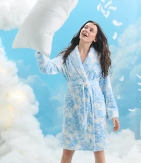 40WINKS Blue Floral Print Long Sleeve Shawl Collar Short Robe