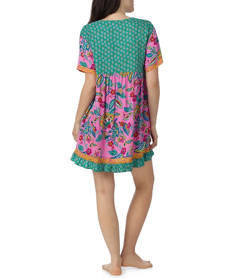 40WINKS Boho Blooms Patchwork Print Short Sleeve V-Neck Woven Sleepshirt